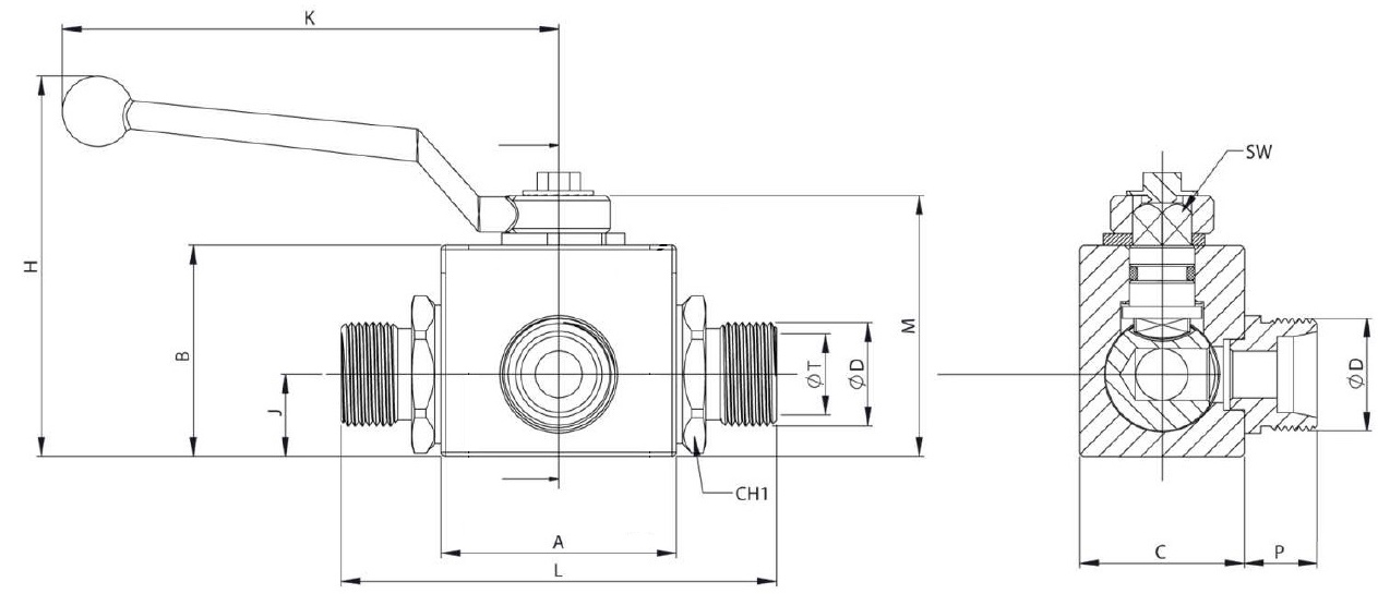 Hydraulicky 3 cestny gulovy ventil metricky Hydraulic ball ventil L 3-way metric